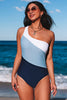 Sky Blue Color Block One Shoulder Backless One-piece Swimwear