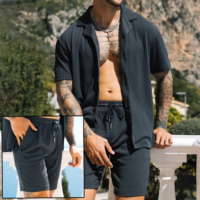 1 Men's Two Piece Set Short Sleeve Lapel Button Shirts And Shorts Beach Style Suits Men Summer Fashion Clothing Streetwear