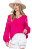 Rose Red Pearl Embellished Fuzzy Hearts V Neck Sweater