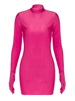 Solid Long Sleeve with Gloves Mini Dress Bodycon Sexy Streetwear Party Half Turtleneck Outfits Y2K Clothes Wholesale