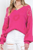 Rose Red Pearl Embellished Fuzzy Hearts V Neck Sweater