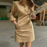 Women Dress Summer Elegant Long Sleeve Solid Color Shirt Sundress 2024 Casual Loose Buttons Pockets Short Mini Vestidos
