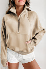 Brown Fleece Lined Zip Up Stand Collar Thumbhole Sleeve Sweatshirt