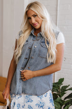 Beau Blue Denim Flap Pocket Curved Hem Shirt Vest