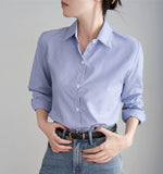 Blue Striped Shirt for Women Loose Spring Autumn Casual Long Sleeves Shirt Fashion Clothes for Ladies Office Lady Wear