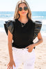 Black Leather Ruffle Sleeve Patchwork Round Neck Blouse