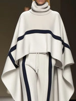 Freeacy 2025 New Women'S Pant Sets High Neck Cape Sleeves Ruffled Shirt Top and High Waist Striped Pants Elegant Two-Piece Suit