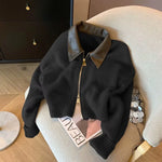 Spliced Leather Collar Knit Sweater Fashion Double Zipper Cardigan Women'S Autumn/Winter New Soft Vintage Long Sleeve Streetwear