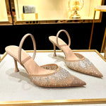 Glitter Rhinestone Pointed Slippers Women High Heel Summer Flip Flops Female Designer Sandals Breathable Mesh Mule Pumps Women