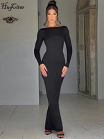 Spring Elegant Long Sleeve Backless Solid Cuched Sexy Bodycon Maxi Prom Dress Women Outfit Evening Party Festival Y2K