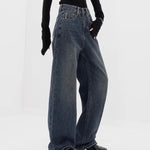 Retro Dark Blue Wide Leg Jeans Baggy Straight Trousers