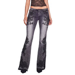 Vintage Plant Printed Flared Jeans Y2K Streetwear Low Waist Slim Denim Pant 2000S Washed High Street Women Trousers New