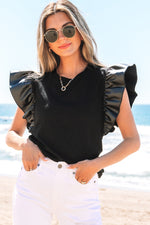 Black Leather Ruffle Sleeve Patchwork Round Neck Blouse