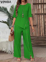 Fashion Women Pants Sets 2024 Elegant Suits Casual Irregular Hem Button up Half Sleeve Shirt and Loose Straight Leg Pants