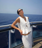 Fashion Bow Lace up Shirts Women Cotton Linen Hollow Out Sleeveless Pleated Blouses Woman 2024 Summer New Casual Lady White Tops