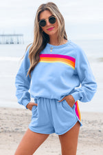 Bonbon Striped Accent Pullover and Shorts Two Piece Casual Set
