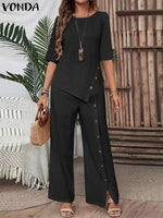 Fashion Women Pants Sets 2024 Elegant Suits Casual Irregular Hem Button up Half Sleeve Shirt and Loose Straight Leg Pants