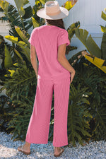 Bright Pink Solid Corded Knit Short Sleeve T Shirt and Wide Leg Pants Set