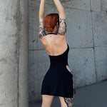 New Solid Color Sling Mini Dress Metal Buckle Hollowhip Deep Split Metal Circle Decoration Hottie Girls Spicy Clubwear Street