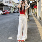 White Polka Dot Lyocell Jeans Female Pleated Design Baggy Straight Trousers