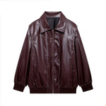 Vintage Contrast Stitch Lapel Long Sleeve Jackets Women Loose Solid Zipper Pu Leather Jacket 2024 Female Autumn High Streetwear