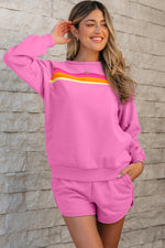 Bonbon Striped Accent Pullover and Shorts Two Piece Casual Set