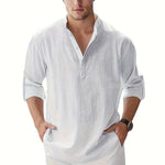 Men's Linen Stand Collar Long Sleeve T-Shirt Loose Fit; Solid Color Long Sleeve Cotton Linen Shirt