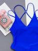 Solid Blue Backless Swimwear One Piece Sexy Swimsuit Women 2025 Back Cross String Bathers High Cut Bathing Suit Swmming Wear