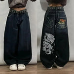 American New Skull Embroidery Casual Baggy Jeans Women Y2K Street Harajuku Vintage Gothic High Waist Joker Wide Leg Pant Trouser