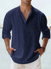 Men's Linen Stand Collar Long Sleeve T-Shirt Loose Fit; Solid Color Long Sleeve Cotton Linen Shirt