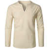 Cotton Linen Long Sleeve T-shirt for Men Solid Color V Neck Slim Fit Blouse Men Lightweight Beach Shirt Breathable Casual Shirt