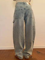 Chic Rhinestone Women's Jeans Y2k Street Oversize Loose Shining Female Wide Leg Pants 2025 Spring Summer Lady Denim Trousers