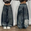 American New Skull Embroidery Casual Baggy Jeans Women Y2K Street Harajuku Vintage Gothic High Waist Joker Wide Leg Pant Trouser
