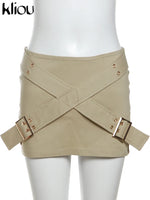kliou Cross buckle Hip Skirts Women Casual High Waist Skinny Solid All-matched Mini Bottoms Concise Girls Trend Basic Streetwear