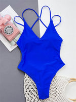 Solid Blue Backless Swimwear One Piece Sexy Swimsuit Women 2025 Back Cross String Bathers High Cut Bathing Suit Swmming Wear