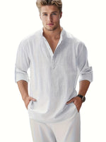 Men's Linen Stand Collar Long Sleeve T-Shirt Loose Fit; Solid Color Long Sleeve Cotton Linen Shirt