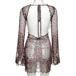 Combhasaki Women‘s Summer Mesh Leopard See-throug Tie-up Backless Mini Dress Flare Long Sleeve Beach Vacation Cover-ups Sundress