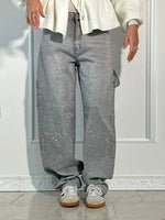 Chic Rhinestone Women's Jeans Y2k Street Oversize Loose Shining Female Wide Leg Pants 2025 Spring Summer Lady Denim Trousers