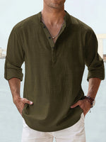 Men's Linen Stand Collar Long Sleeve T-Shirt Loose Fit; Solid Color Long Sleeve Cotton Linen Shirt