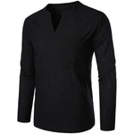 Cotton Linen Long Sleeve T-shirt for Men Solid Color V Neck Slim Fit Blouse Men Lightweight Beach Shirt Breathable Casual Shirt