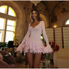 Sexy Flare Sleeve Single Breasted Layered Women's Short  Dress Solid V-neck Slim Mini Dresses 2025 Summer Ladies Chic Clothing