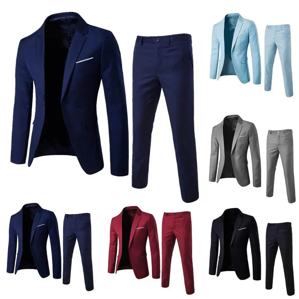 1 Set Trendy Men Suit Anti Deformation Formal Suit Turndown Collar Pure Color One Button Suit Set  Daily Wear