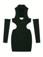 Spring Summer New European and American Solid Color Sexy Hollow Hanging Neck Tight Wrapped Hip Dress