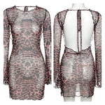 Combhasaki Women‘s Summer Mesh Leopard See-throug Tie-up Backless Mini Dress Flare Long Sleeve Beach Vacation Cover-ups Sundress