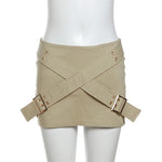 BKQU Black Low Waist Mini Skirts Women 2024 Fashion Cross Belt Hip Skirt Aesthetic Fairy Streetwear Vintage Khaki A-line Skirt