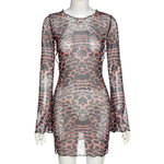Combhasaki Women‘s Summer Mesh Leopard See-throug Tie-up Backless Mini Dress Flare Long Sleeve Beach Vacation Cover-ups Sundress