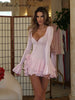 Sexy Flare Sleeve Single Breasted Layered Women's Short  Dress Solid V-neck Slim Mini Dresses 2025 Summer Ladies Chic Clothing