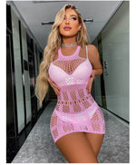 Sexy Women Fishnet Halter Backless Dress Low Cut Tight Pencil Cute Dress Plus Size Mini Dress Night Club Dance Dress Beatchwear