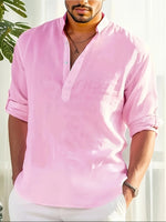 Men's Linen Stand Collar Long Sleeve T-Shirt Loose Fit; Solid Color Long Sleeve Cotton Linen Shirt