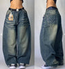 American Hip Hop Retro Gothic Print Jeans Women Y2K New Street Selling Fashion Loose Straight Wide Leg Pants Unisex Joker Jeans
